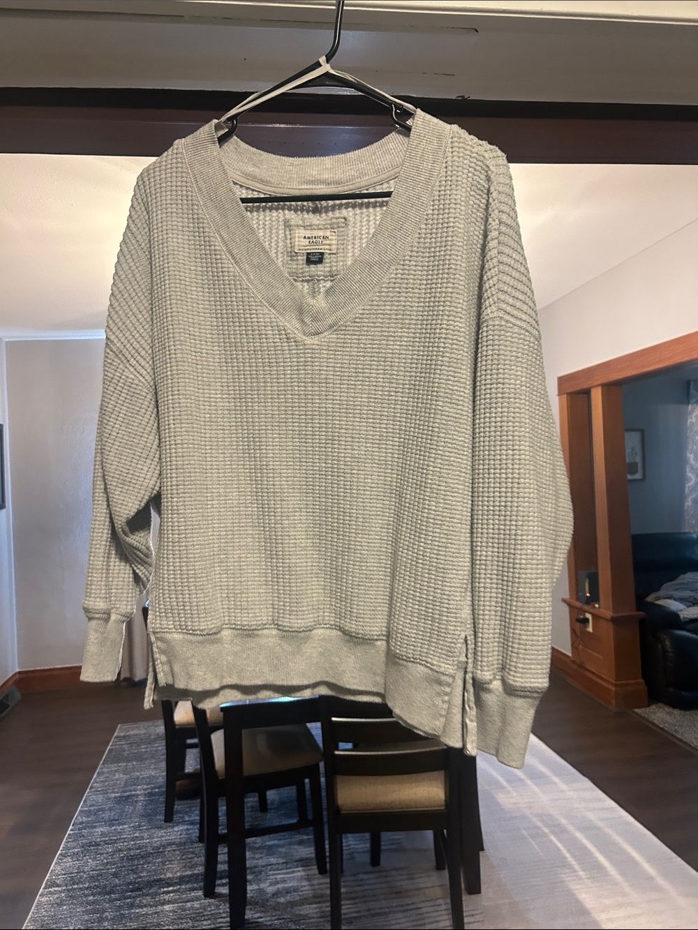 American Eagle Outfitters Light Gray Waffle Knit V-Neck Sweatshirt
